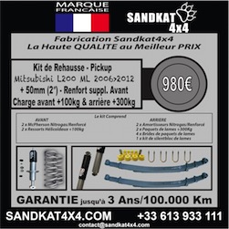 Kit Suspension Sandkat4x4 - Renforcé +100/300 - Rehausse env.50mm - Pickup  Mitsubishi L200 ML