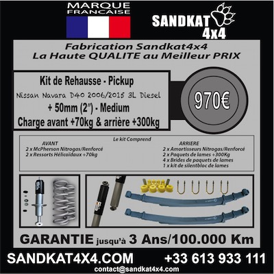 Sandkat4X4 | Kit Suspension Sandkat4x4 - Medium (60/300) - Rehausse env.50mm - Pickup  Nissan Navara D40 DIESEL